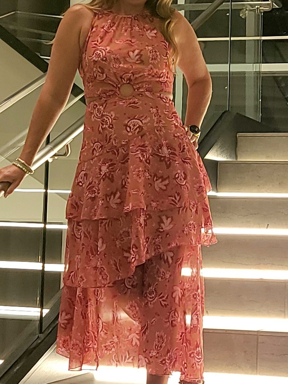 SHEIN Coral Pink Floral Halter High-Low Tiered Dress